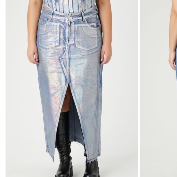 Forever 21 Women's Plus Size 1X Iridescent‎ Denim Maxi Skirt Front Leg Slit - Picture 1 of 6